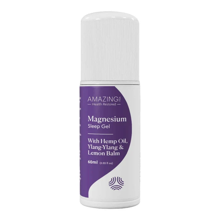 Bottle of Amazing Magnesium Sleep Gel with Hemp Oil, Ylang-Ylang & Lemon Balm on a white background