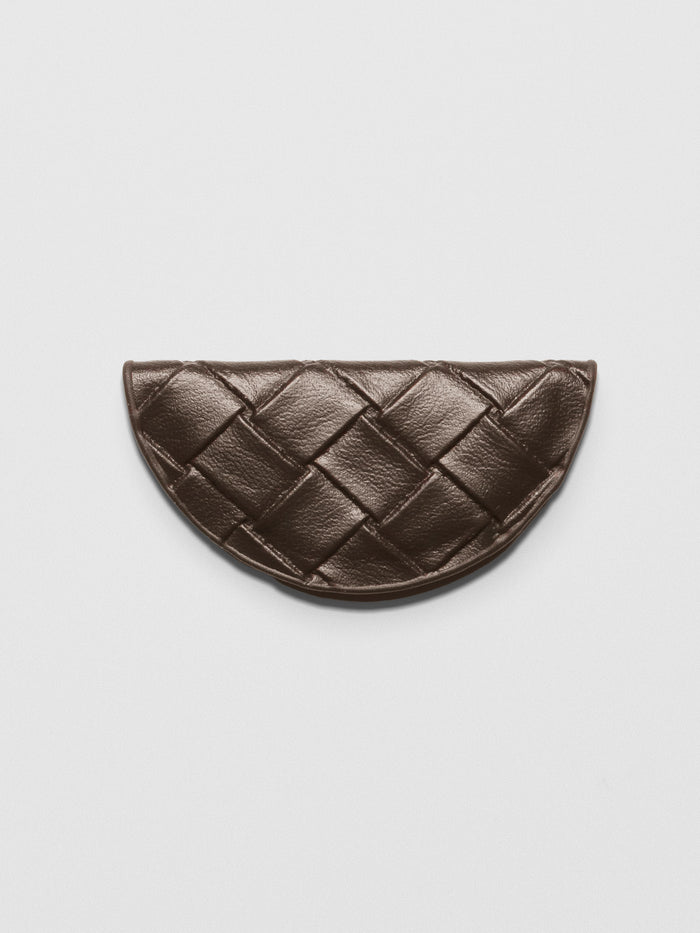 Woven vegan leather magnetic bookmark in the color walnut.