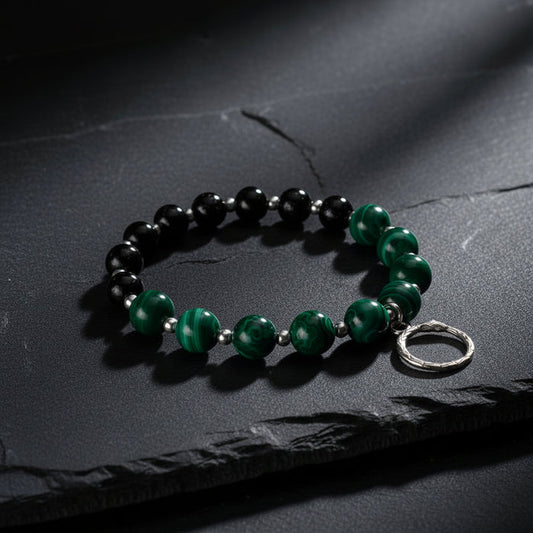 vkngjewelry Bracelet Malachite, Black Agate and Hematite Bracelet with Ouroboros