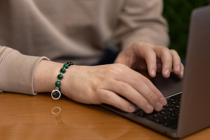 vkngjewelry Bracelet Malachite, Black Agate and Hematite Bracelet with Ouroboros