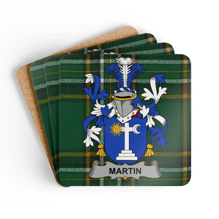 Personalized Martin Family Crest Plaid Coaster Set