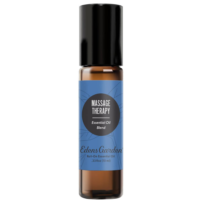 A clear glass roll-on bottle with a black cap and a label that reads 'MASSAGE THERAPY Essential Oil Blend' from Edens Garden.