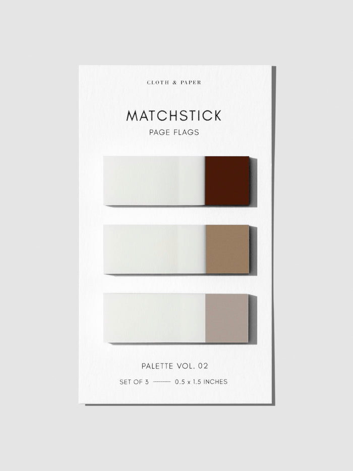 Matchstick Page Flag Set, Palette Vol. 02, Saddle, Moscow, and Crepe, Cloth and Paper. Set of matchstick page flags eft against a neutral background.