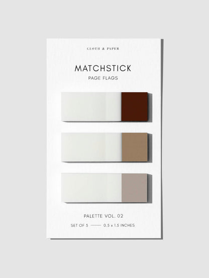 Matchstick Page Flag Set, Palette Vol. 02, Saddle, Moscow, and Crepe, Cloth and Paper. Set of matchstick page flags eft against a neutral background.