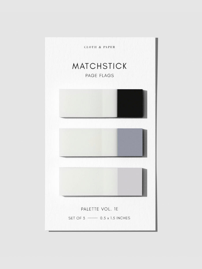 Matchstick Page Flag Set, Palette Vol. 1E, Avant Garde, Fog, and Aspen, Cloth and Paper. Page flags on their backing a neutral background.