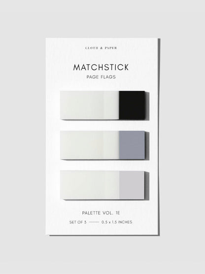 Matchstick Page Flag Set, Palette Vol. 1E, Avant Garde, Fog, and Aspen, Cloth and Paper. Page flags on their backing a neutral background.