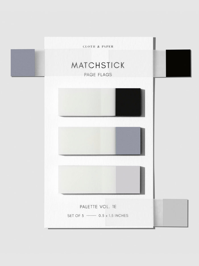 Matchstick Page Flag Set, Palette Vol. 1E, Avant Garde, Fog, and Aspen, Cloth and Paper. Page flags on their backing with one page flag of each color stuck to the right side of the backing