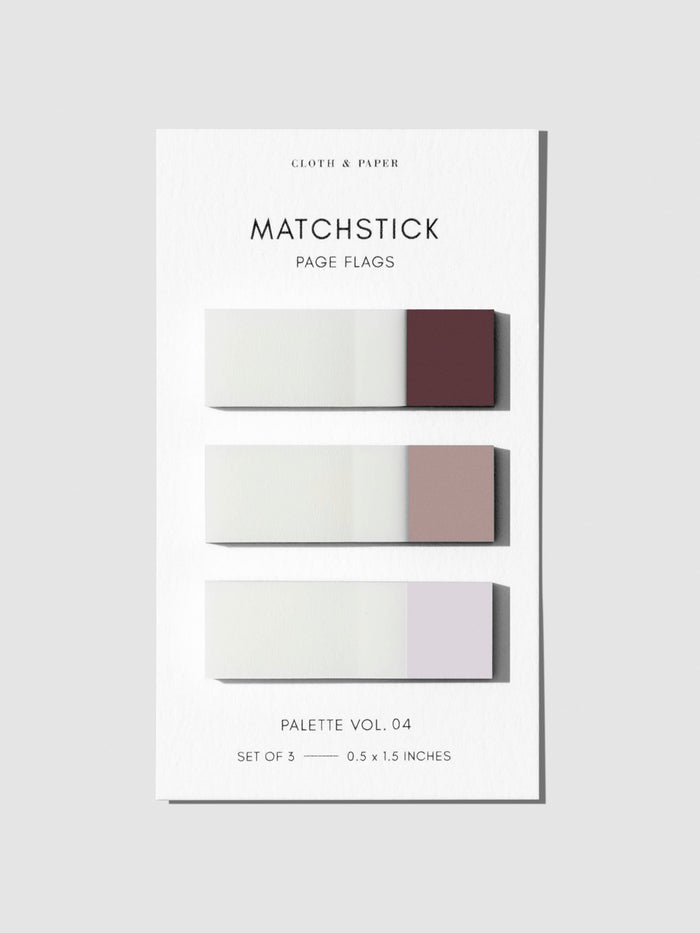 Matchstick Page Flag Set, Palette Vol. 03, Cortado, Au Lait, and Angora, Cloth and Paper. Set of matchstick page flags against a neutral background.