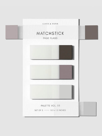 Matchstick Page Flag Set, Palette Vol. 03, Cortado, Au Lait, and Angora, Cloth and Paper. Set of matchstick page flags against a white background with samples of each page flag stuck to the backing.