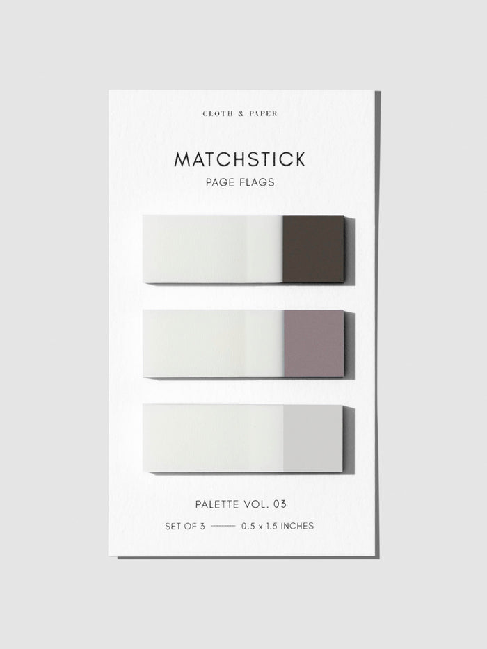 Matchstick Page Flag Set, Palette Vol. 04, Bordeaux, Demure, and Porcelain, Cloth and Paper. Set of page flags on their backing against a neutral background.