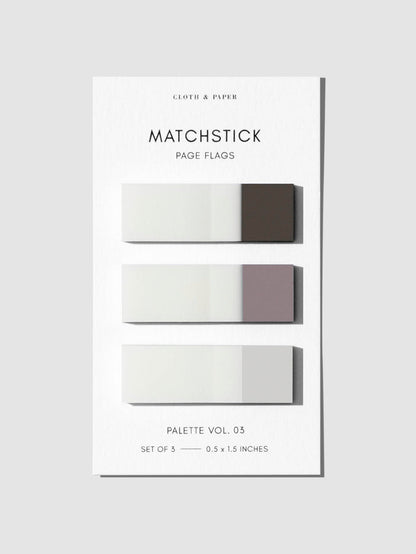 Matchstick Page Flag Set, Palette Vol. 04, Bordeaux, Demure, and Porcelain, Cloth and Paper. Set of page flags on their backing against a neutral background.
