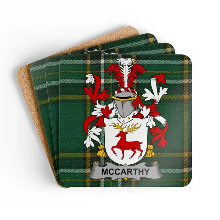 McCarthy Irish surname tartan coaster with crest-style emblem