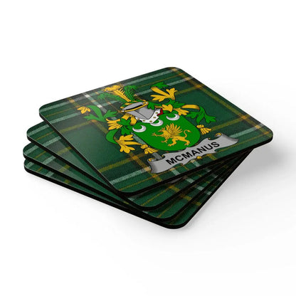 McManus Family Crest Green Tartan Coasters