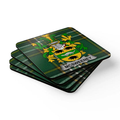 McSweeney Family Crest on Green Plaid Pattern Coaster