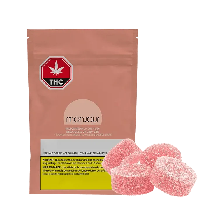 Close-up of bright green Mellow Melon 2:1 Gummies against a dark background, showcasing the gummy’s textured surface.