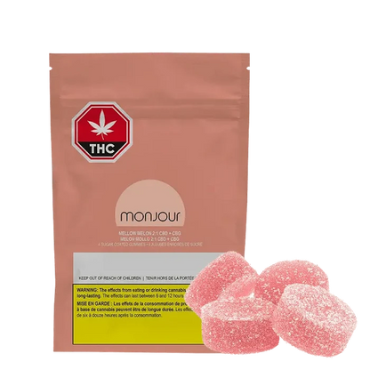 Close-up of bright green Mellow Melon 2:1 Gummies against a dark background, showcasing the gummy’s textured surface.
