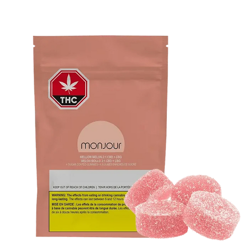 Close-up of bright green Mellow Melon 2:1 Gummies against a dark background, showcasing the gummy’s textured surface.