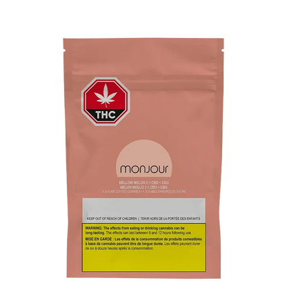 Front view of the Mellow Melon 2:1 Gummies packaging with a bright yellow background and bold text, warning about keeping out of reach of children.