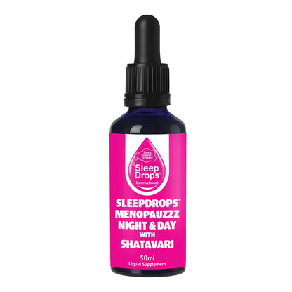 Bottle of Sleepdrops Menopauzzz Night & Day with Shatavari on a white background.