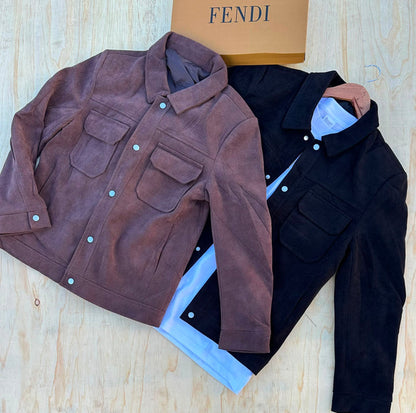 Men's Fendi corduroy snap button jacket in brown and black