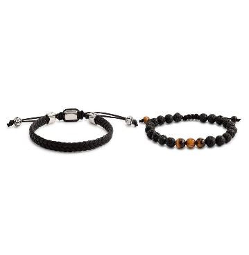 Mens Leather Bracelet Set Black