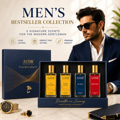 Four 20ml bottles of men's perfume in a collection box.