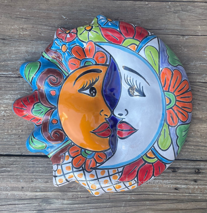 Mexican Wall Hanging Talavera Pottery Sun And Moon Face Eclipse 12" TSE009