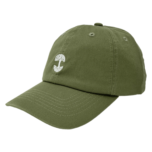 Side view of army green dad cap with micro-sized white embroidered Oaklandish tree logo on the crown.