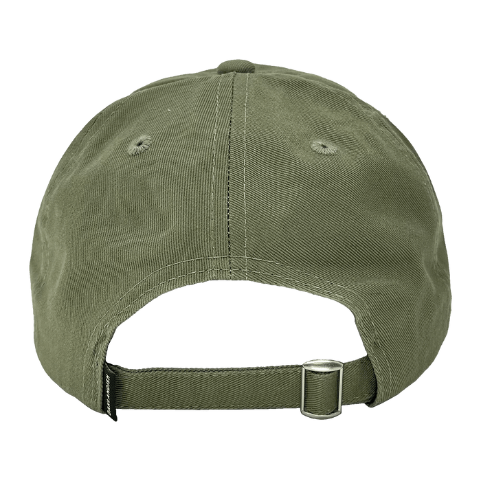 The backside view of an army green dad cap with a strapback closure and a small Oaklandish wordmark tag.