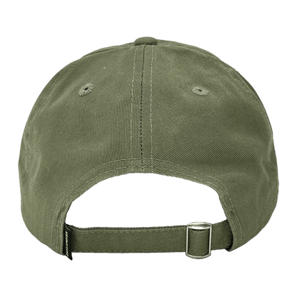 The backside view of an army green dad cap with a strapback closure and a small Oaklandish wordmark tag.