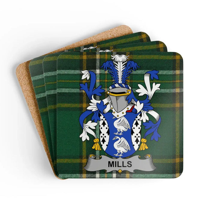Mills Family Crest on Green Plaid Background Coaster
