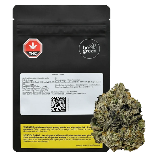 Front-facing black resealable bag labeled "Modified Grapes" with the white bc green logo, THC symbol, warning block, and a close-up of a frosty cannabis bud in the lower right.