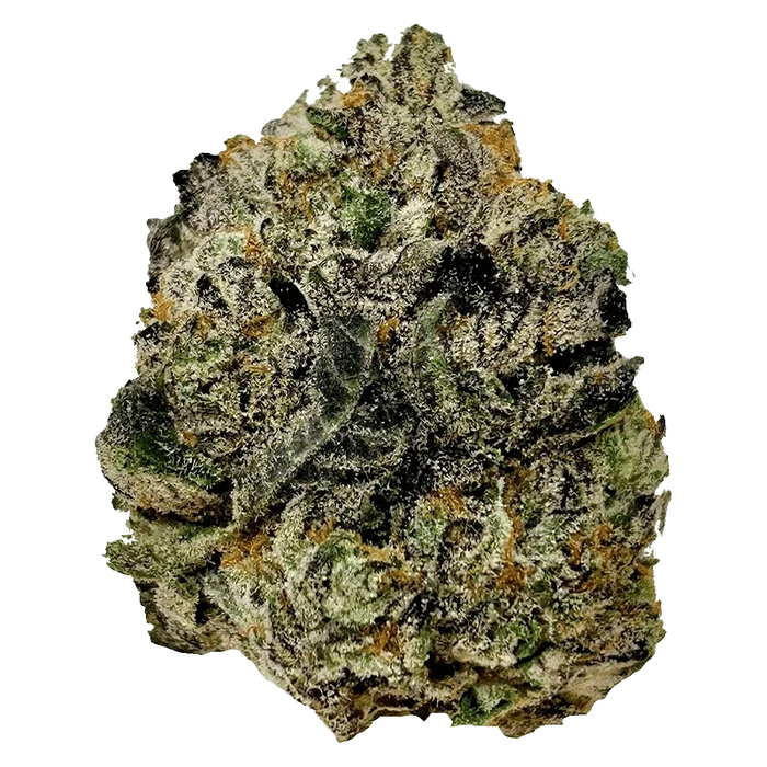 Top-down close-up of a frosty cannabis bud labeled "Modified Grapes" showing dense green, purple, and amber trichome-covered florets.