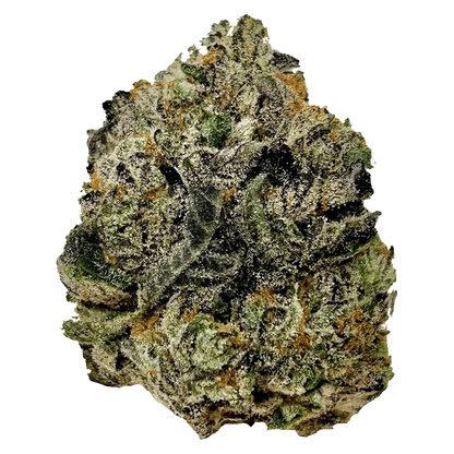 Top-down close-up of a frosty cannabis bud labeled "Modified Grapes" showing dense green, purple, and amber trichome-covered florets.