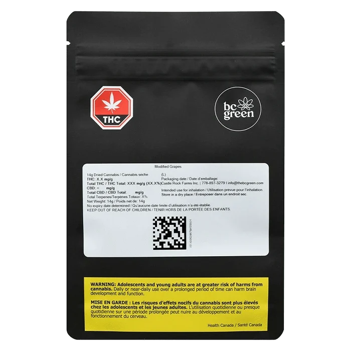 Front view of the black pouch labeled "Modified Grapes" showing the bc green logo, THC symbol, white product panel, and yellow warning box.