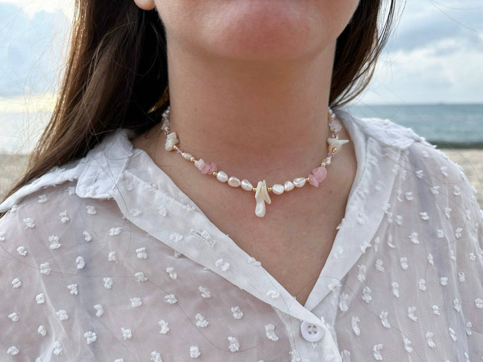Monica Necklace-Freshwater Pearl, Gemstones, 18K Gold Filled
