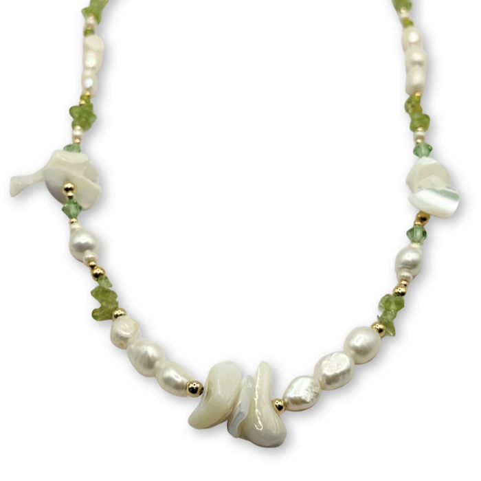 Monica Necklace-Freshwater Pearl, Gemstones, 18K Gold Filled