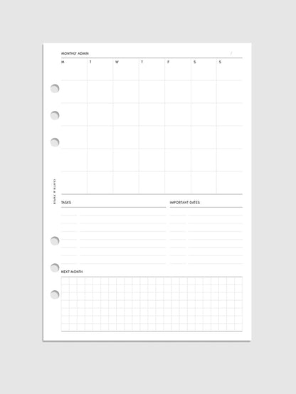 Monthly Admin Planner Inserts, Monday Start, A5, Cloth and Paper. Digital mockup of inserts in A5.