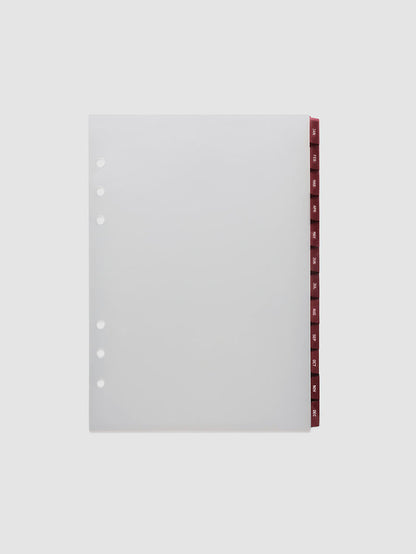 A5 6-Ring Punch Ultra-Thin Monthly Dividers in deep red, set of 12 dividers fanned to show all months