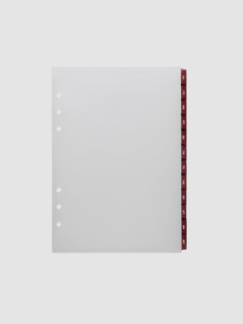 A5 6-Ring Punch Ultra-Thin Monthly Dividers in deep red, set of 12 dividers fanned to show all months
