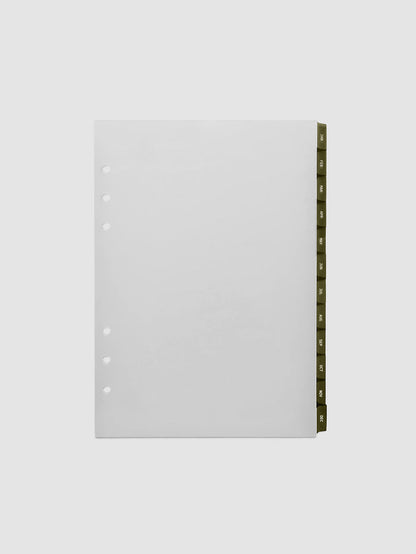 A5 6-Ring Punch Ultra-Thin Monthly Dividers in olive green, set of 12 dividers fanned to show all months