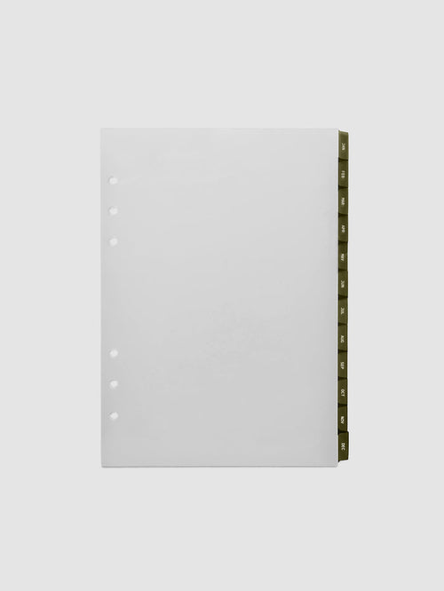 A5 6-Ring Punch Ultra-Thin Monthly Dividers in olive green, set of 12 dividers fanned to show all months