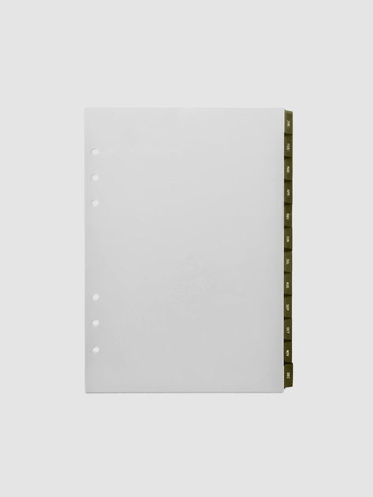 A5 6-Ring Punch Ultra-Thin Monthly Dividers in olive green, set of 12 dividers fanned to show all months