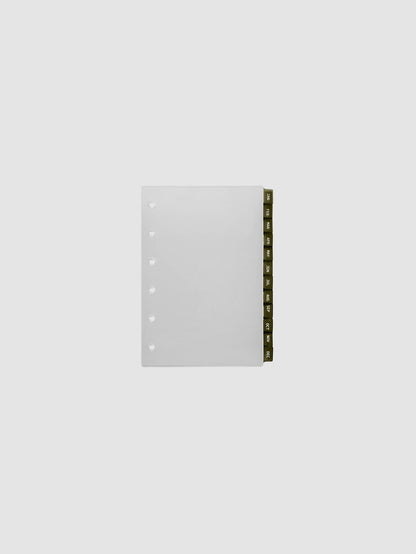Pocket 6-Ring Punch Ultra-Thin Monthly Dividers in olive green, set of 12 dividers fanned to show all months