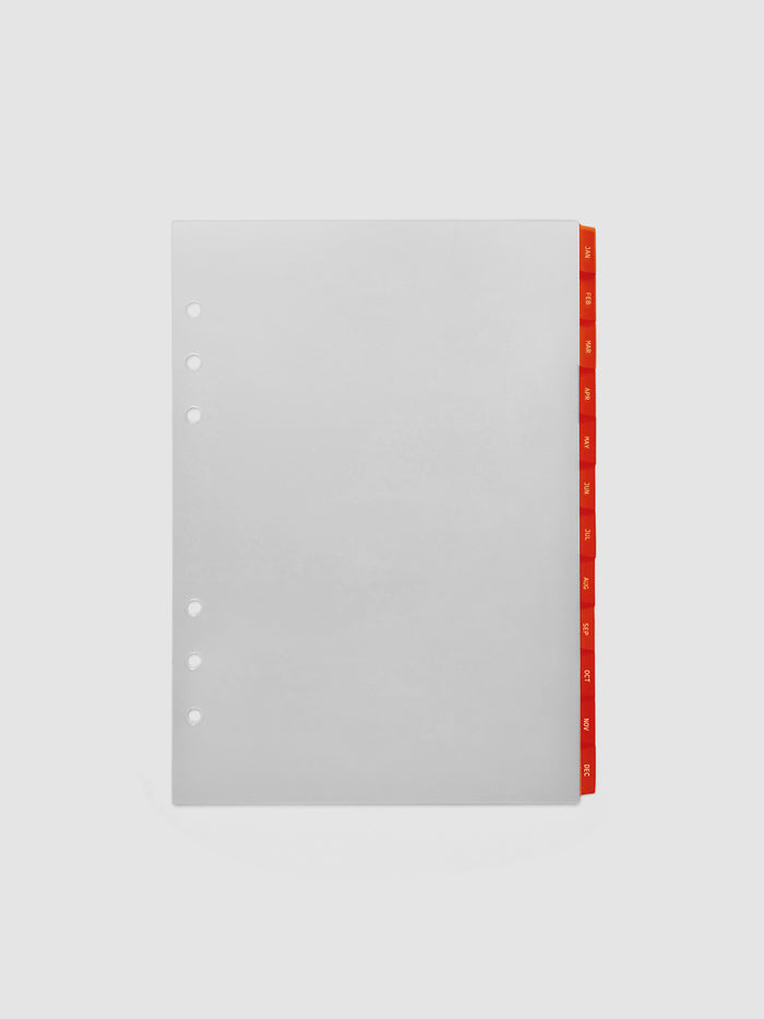 A5 6-Ring Punch Ultra-Thin Monthly Dividers in deep orange, set of 12 dividers fanned to show all months