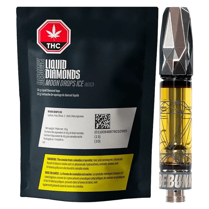 Front-facing shot of the Moon Drops Liquid Diamond AIO Disposable Vape package and 1 g cartridge against a white background, the black pouch showing product text and a red THC emblem.