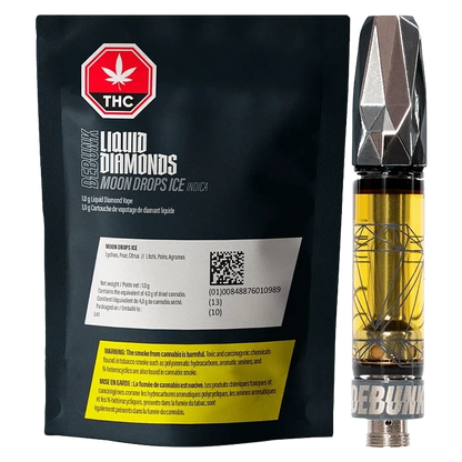 Front-facing shot of the Moon Drops Liquid Diamond AIO Disposable Vape package and 1 g cartridge against a white background, the black pouch showing product text and a red THC emblem.