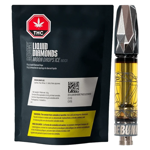 Front-facing shot of the Moon Drops Liquid Diamond AIO Disposable Vape package and 1 g cartridge against a white background, the black pouch showing product text and a red THC emblem.