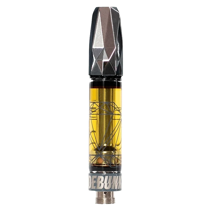 Centered studio shot of the Moon Drops Liquid Diamond AIO Disposable Vape showing its faceted black mouthpiece and amber cartridge with geometric diamond line art.
