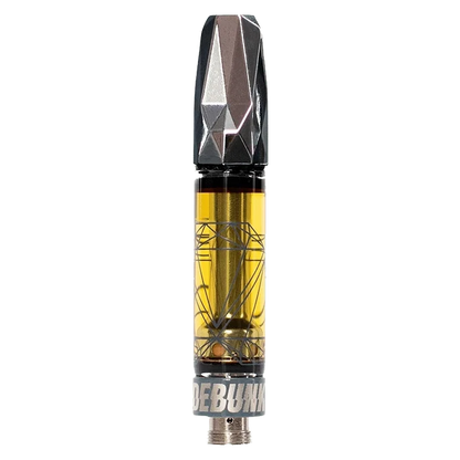 Centered studio shot of the Moon Drops Liquid Diamond AIO Disposable Vape showing its faceted black mouthpiece and amber cartridge with geometric diamond line art.